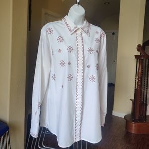 Vintage Karen Scott Gorgeous Embroidered White Shirt Size L